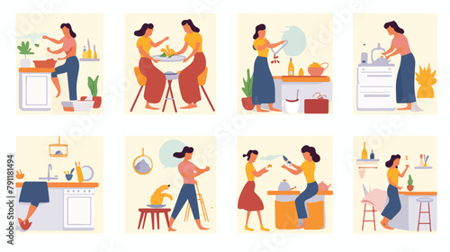 Collection of scenes with woman or housewife doing
