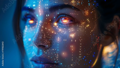 Closeup of digital human face with glowing binary streams for facial recognition. Concept Facial Recognition Technology, Glowing Binary Streams, Digital Human Face, Close-up Photography