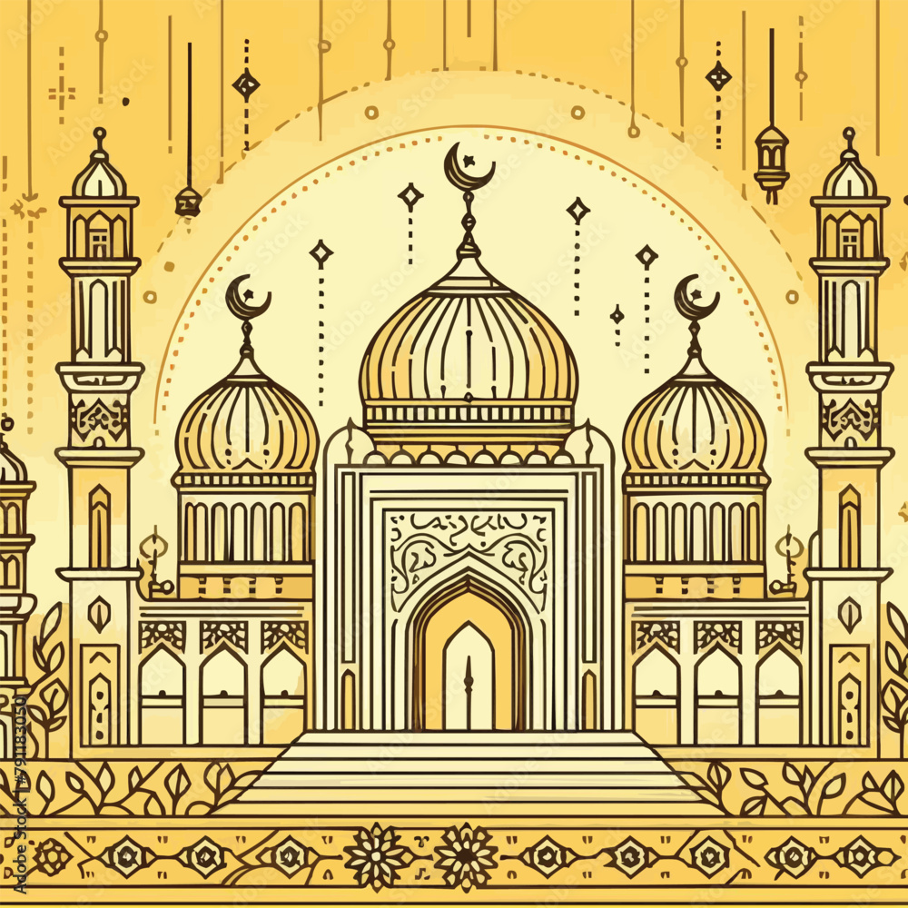Free vector Eid Mubarak line half mosque design deep yellow background