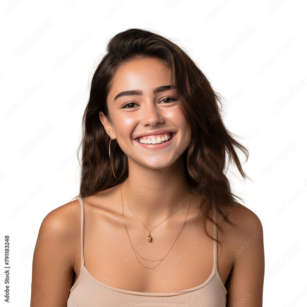 Portrait of a cheerful young woman with pleasant smile and happy face, isolated on transparent background Portrait of a cheerful young woman with pleasant smile and happy face, isolated on transparent background