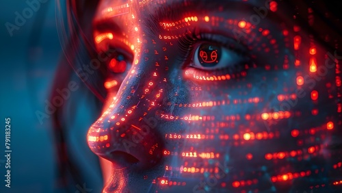 Digital Human Face with Glowing Binary Streams for Facial Recognition: A Close-Up View. Concept Technology, Artificial Intelligence, Facial Recognition, Binary Code, Cybersecurity