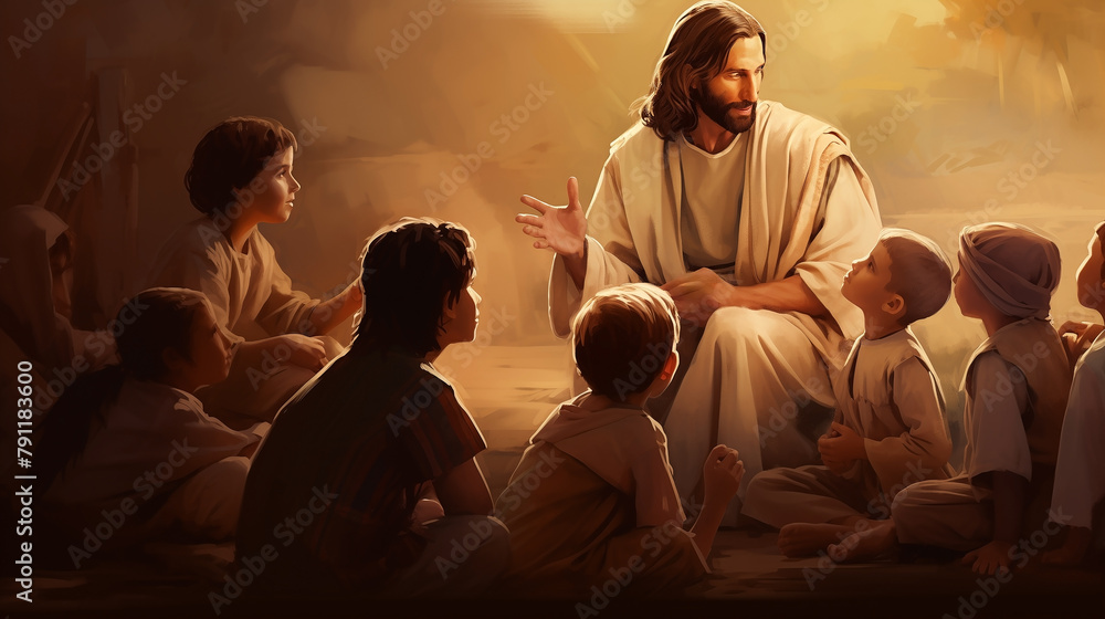 Jesus with group of children in park. Teaching children about Jesus