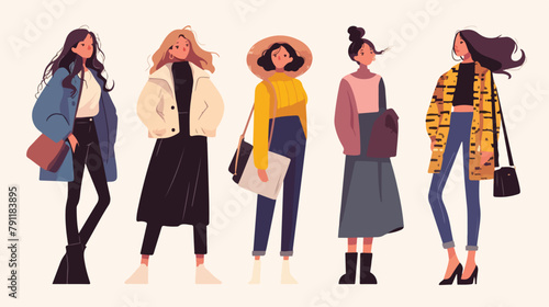 Collection of teenage girls dressed in trendy cloth