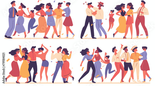 Collection of tiny people dancing on dance floor at