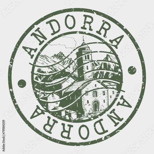 Andorra, Stamp Postal. Silhouette Seal. Passport Round Design. Vector Icon. Design Retro Travel. National Symbol. photo