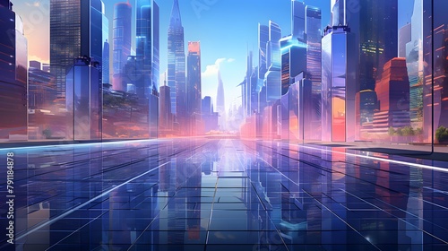 Futuristic city panorama with high-rise buildings and skyscrapers
