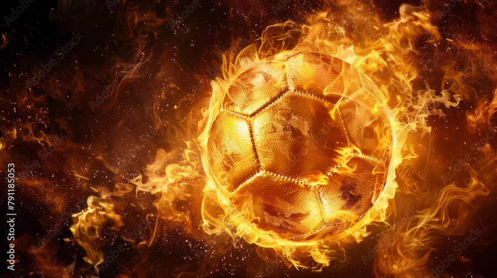 Naklejka premium An intense and dramatic image capturing a sport ball engulfed in flames against a stark black background, radiating energy and passion.