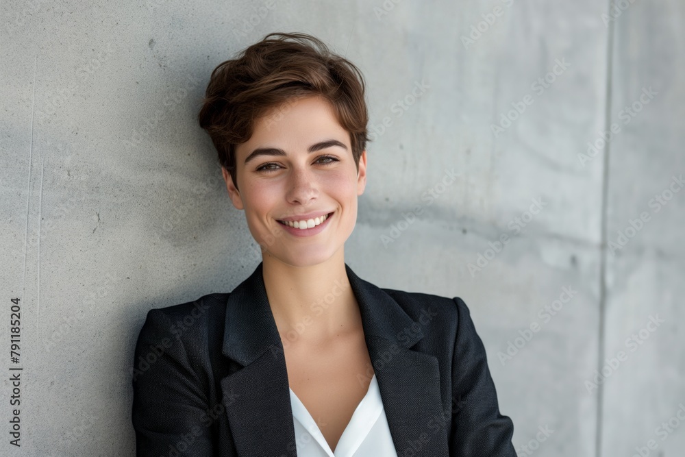 Smiling young attractive short haired woman looking at the camera Smiling young attractive short haired woman looking at the camera