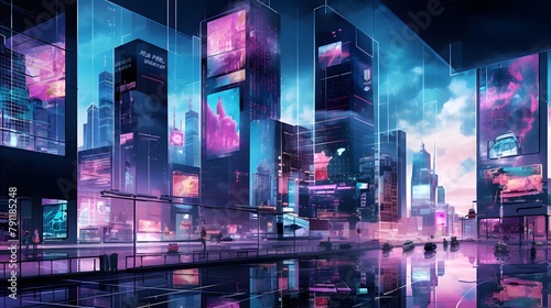 Night city panoramic view of modern skyscrapers. 3D rendering