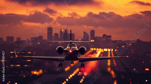 Out of focus view of a private jet silhouetted against a vibrant city skyline evoking a sense of jetsetting and elite travel. . photo
