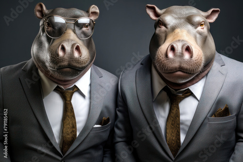 Twin hippos in suits  one with glasses  against a dark background.