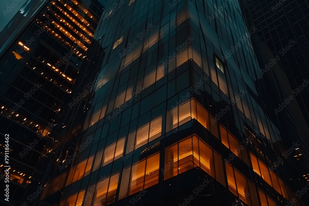 Modern office building windows lit in evening night early morning long working hours exhaustion overtime exterior urban architecture skyscraper lights tower financial sector banking hq headquarters Modern office building windows lit in evening night early morning long working hours exhaustion overtime exterior urban architecture skyscraper lights tower financial sector banking hq headquarters