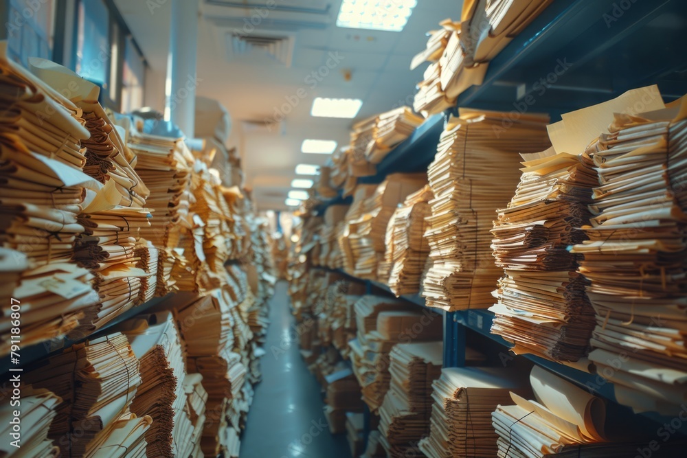 Piles of paper office filled with paperwork full archive file documents stack of folders information outdated old technology digitalization reports unorganized history messy research collection - obrazy, fototapety, plakaty 