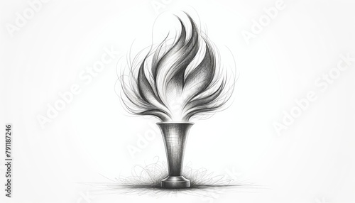 A sketch-style artistic representation of the Olympic Flame, set against a pure white background. This depiction emphasizes the dynamic and vibrant spirit of the Summer Olympic Games.