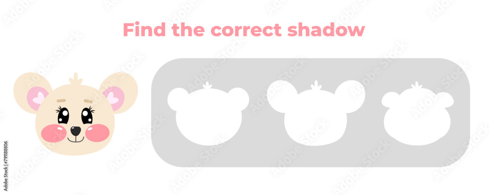 Find the correct shadow of cute kawaii mouse. Educational preschool kids, children mini game. Choose correct answer. Educational game for kids