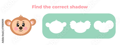 Find the correct shadow of funny characters monkey face animal. Choose correct answer. Matching game. Cute kawaii vector illustration isolated on white background. Educational game for kids, children © Olga Voron