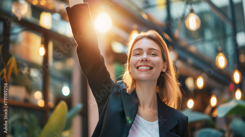 Wallpaper Mural 嬉しくてガッツポーズをするキャリアウーマン Happy business woman raising her hand to the sky Torontodigital.ca