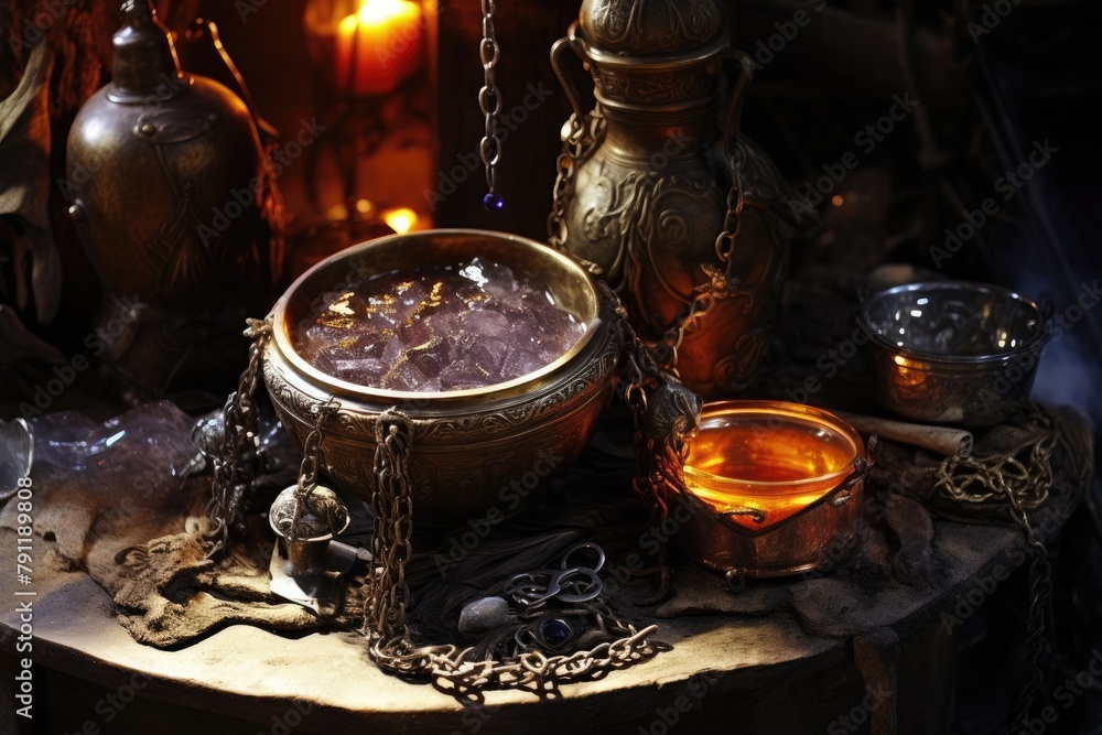 Witch's Brew: Display jewelry near a cauldron filled with bubbling potion. Witch's Brew: Display jewelry near a cauldron filled with bubbling potion.