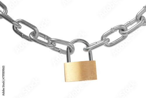 Steel padlock and chain isolated on white