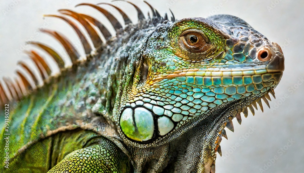 A close up portrait of a Green iguana (Iguana iguana) on a white background A close up portrait of a Green iguana (Iguana iguana) on a white background