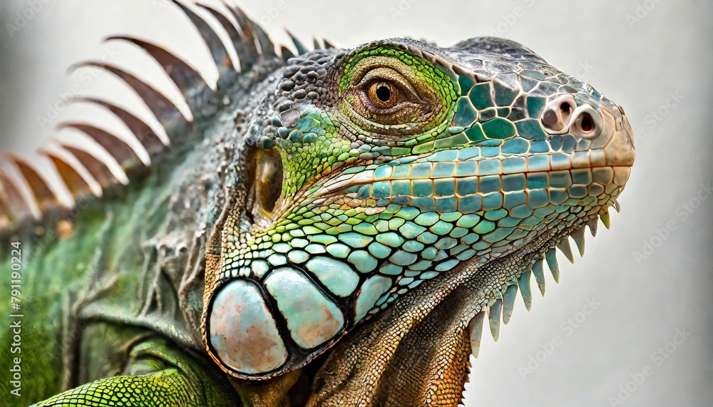 Fototapeta premium A close up portrait of a Green iguana (Iguana iguana) on a white background; Limon province, Costa Rica 4K 