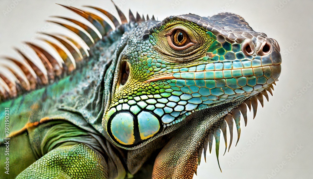 A close up portrait of a Green iguana (Iguana iguana) on a white background; Limon province, Costa Rica 4K A close up portrait of a Green iguana (Iguana iguana) on a white background; Limon province, Costa Rica 4K