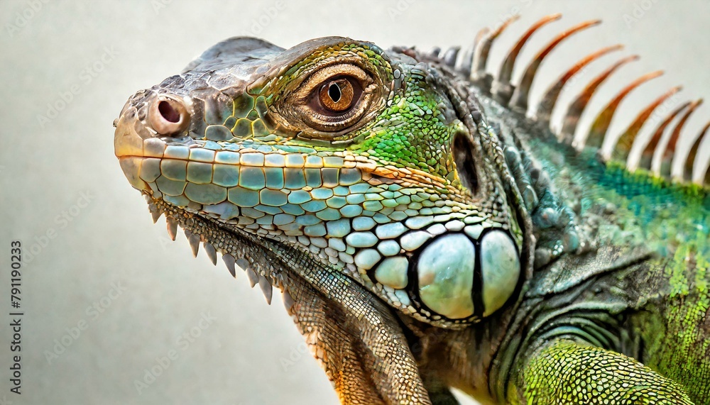 A close up portrait of a Green iguana (Iguana iguana) on a white background; Limon province, Costa Rica 4K A close up portrait of a Green iguana (Iguana iguana) on a white background; Limon province, Costa Rica 4K
