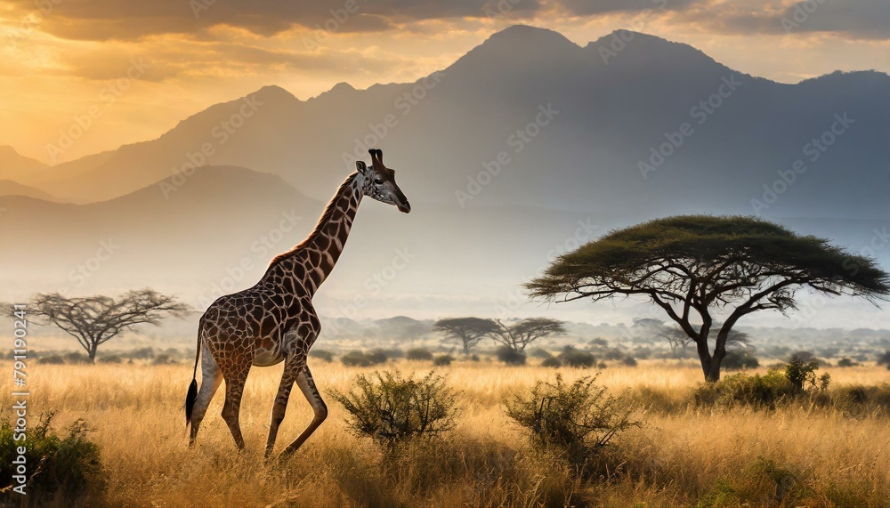 Obraz premium A giraffe (giraffa) walking in a field in the grasslands of the savanna with a hazy silhouette of the mountains in the background