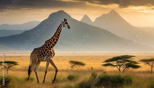 A giraffe  giraffa  walking in a field in the grasslands of the savanna with a hazy silhouette of the mountains in the background