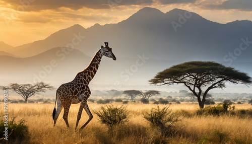 A giraffe  giraffa  walking in a field in the grasslands of the savanna with a hazy silhouette of the mountains in the background