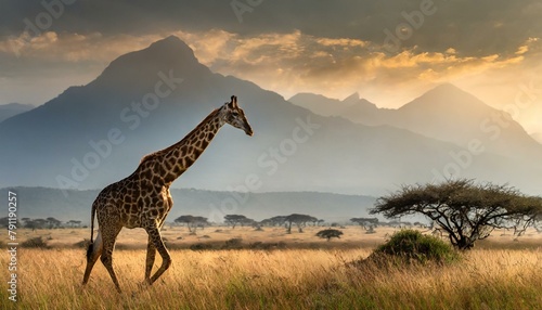 A giraffe (giraffa) walking in a field in the grasslands of the savanna with a hazy silhouette of the mountains in the background photo