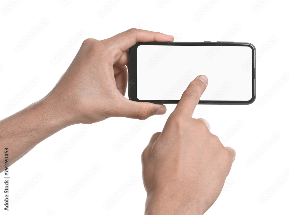 Man using smartphone with blank screen isolated on white, closeup. Mockup for design Man using smartphone with blank screen isolated on white, closeup. Mockup for design