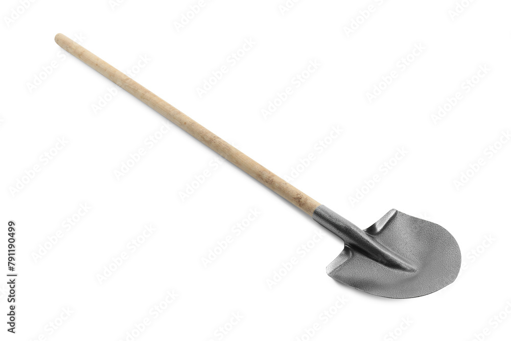 One new shovel with wooden handle isolated on white. Gardening tool One new shovel with wooden handle isolated on white. Gardening tool