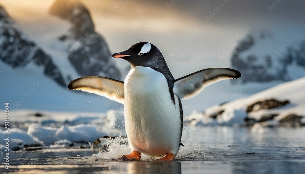 Naklejka premium An Adelie penguin stretches its wings in Antarctica