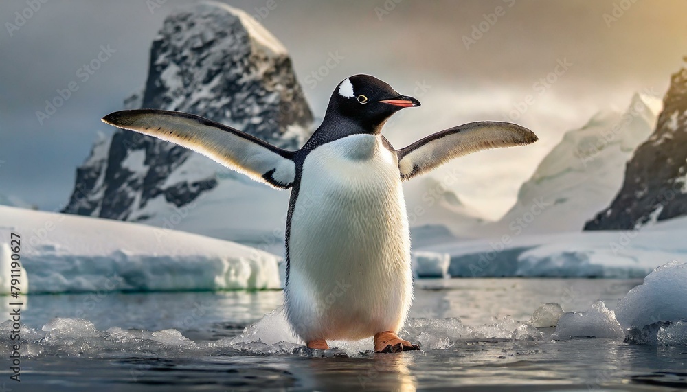 Obraz premium An Adelie penguin stretches its wings in Antarctica