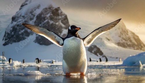 An Adelie penguin stretches its wings in Antarctica photo