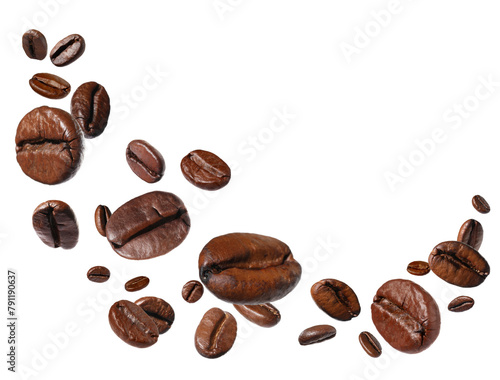 Roasted coffee beans flying on white background