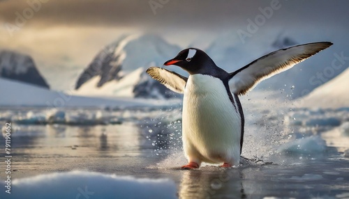 An Adelie penguin stretches its wings in Antarctica