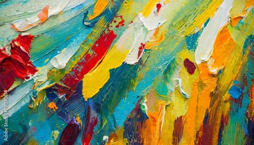 Closeup of abstract rough colourful colours painting texture, with oil brushstroke, pallet knife paint on canvas - Art background illustration. Art concept 