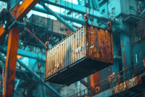 Close-up of a container being lifted by a crane onto a cargo ship deck.
