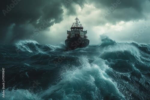 Dramatic shot of a cargo ship braving stormy seas amidst crashing waves and dark clouds.