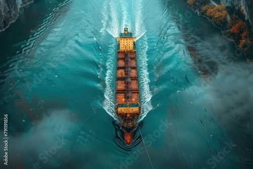 High angle view of a cargo ship navigating through narrow channels with precision.