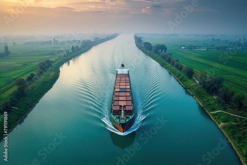 High angle view of a cargo ship navigating through narrow channels with precision.