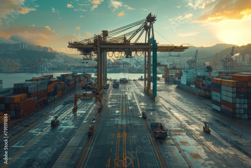 Industrial port with cranes loading cargo onto a massive container ship.