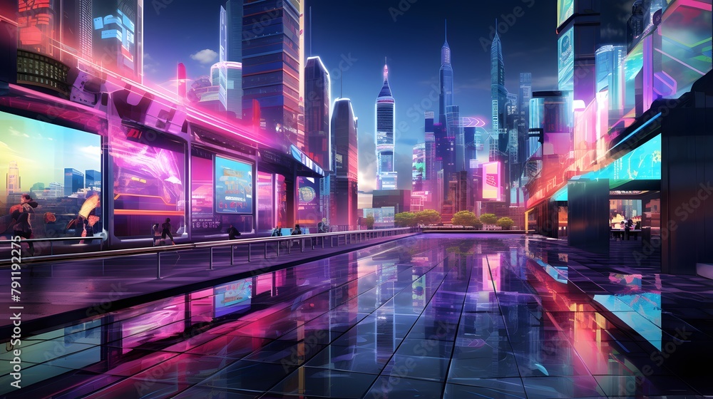 Modern city at night with neon lights. Panoramic image.