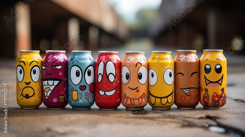 Colorful Cartoon-Faced Cans Lined Up on Wooden Surface © VGV