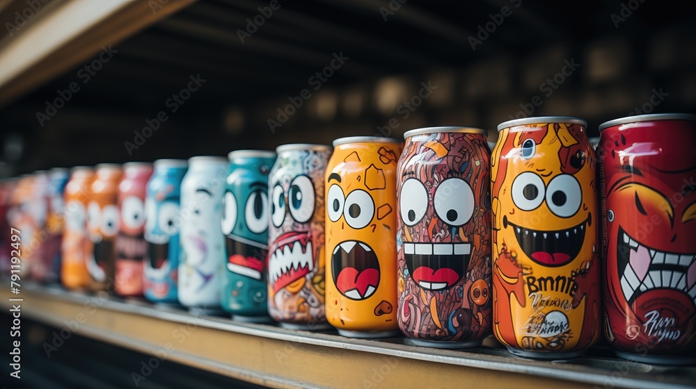 Colorful Cartoon Character Soda Cans on Shelf