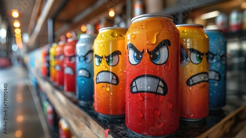 Colorful Angry Cartoon Faces on Beverage Cans