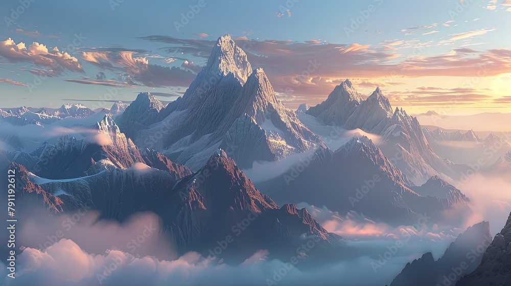 A breathtaking mountain landscape at sunrise, with misty valleys and snow-capped peaks stretching to the horizon. - obrazy, fototapety, plakaty 
