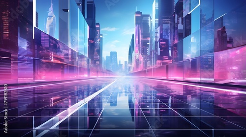 Digital composite of High-rise buildings with neon lights and road transition